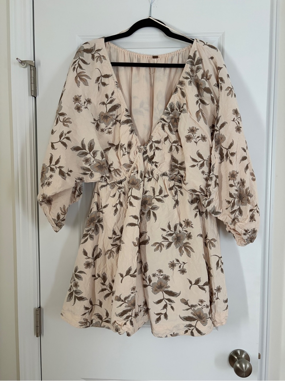 Free People Ivory Floral V-Neck Puff-Sleeve Mini Dress